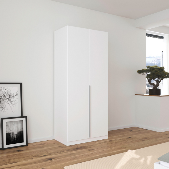 A matte white 2-door wardrobe with integrated handles, placed against a minimalist background with a framed picture and a small plant to the side.