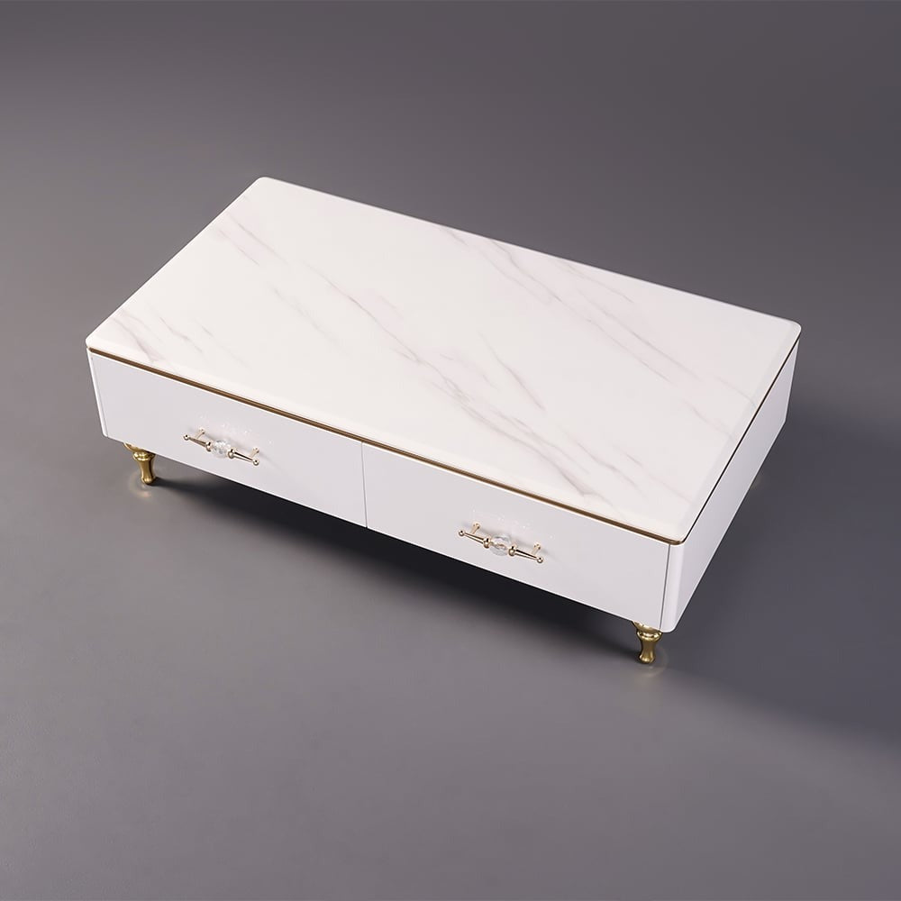 Modern white coffee table with marble top