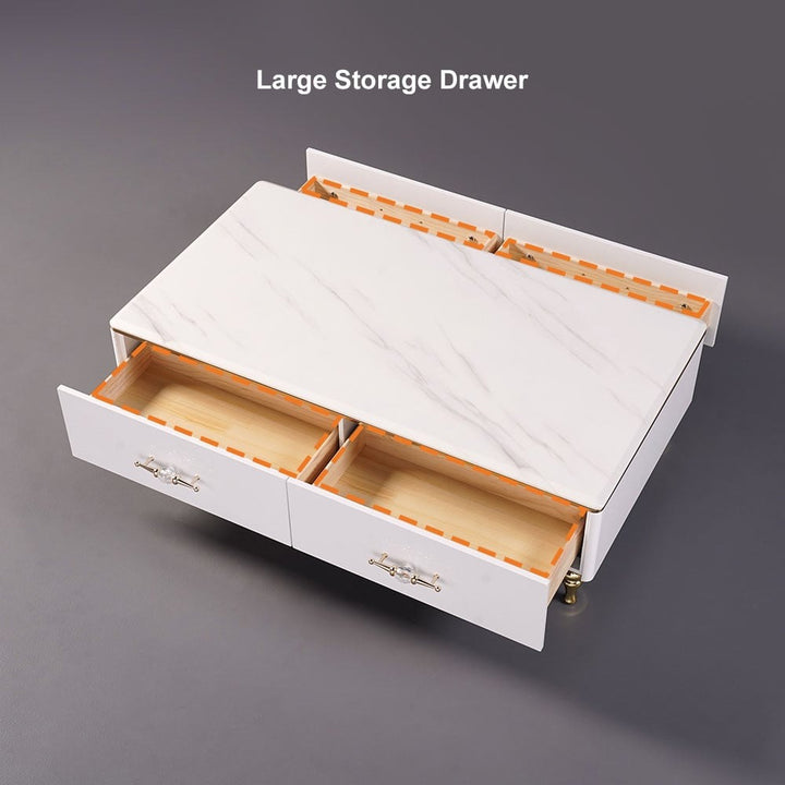 White stylish center table with open drawers 