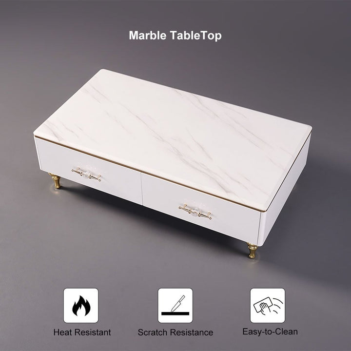 The white center table with marble top is easy to clean