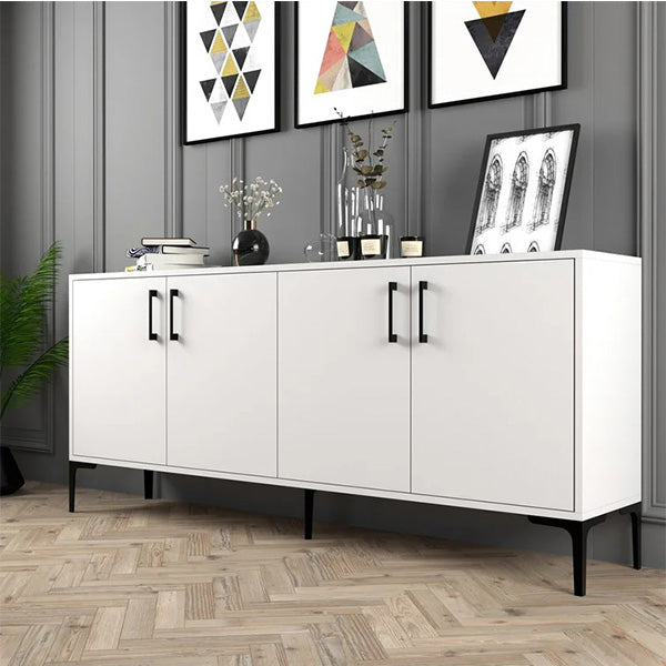 modern white sideboard with black legs and handles for living room