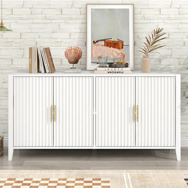 luxury white sideboard cabinet with golden handles and vertical lines design in a living room