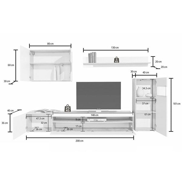 dimension of white tv unit set on a white background