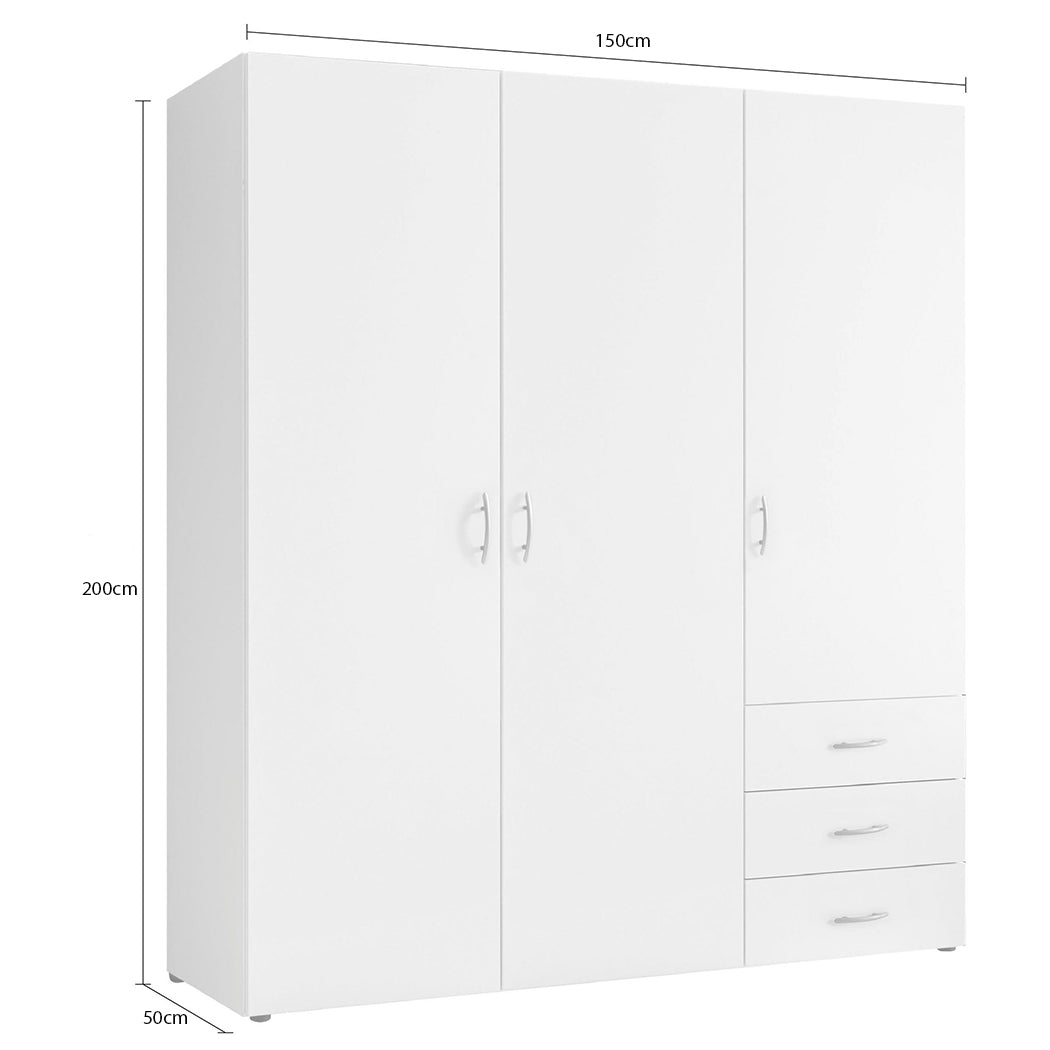 white 3-door wardrobe with dimension