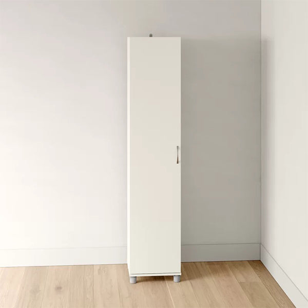 A white Nit 1 Doors Wardrobe with two soft-close cabinet doors, silver metal handles, and a simple design, placed against a plain wall on a wooden floor.