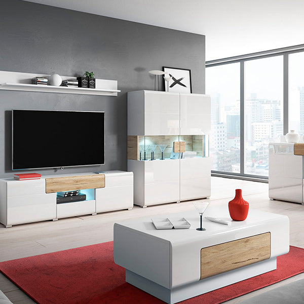 Premium white coffee table with single drawer placed in a living room