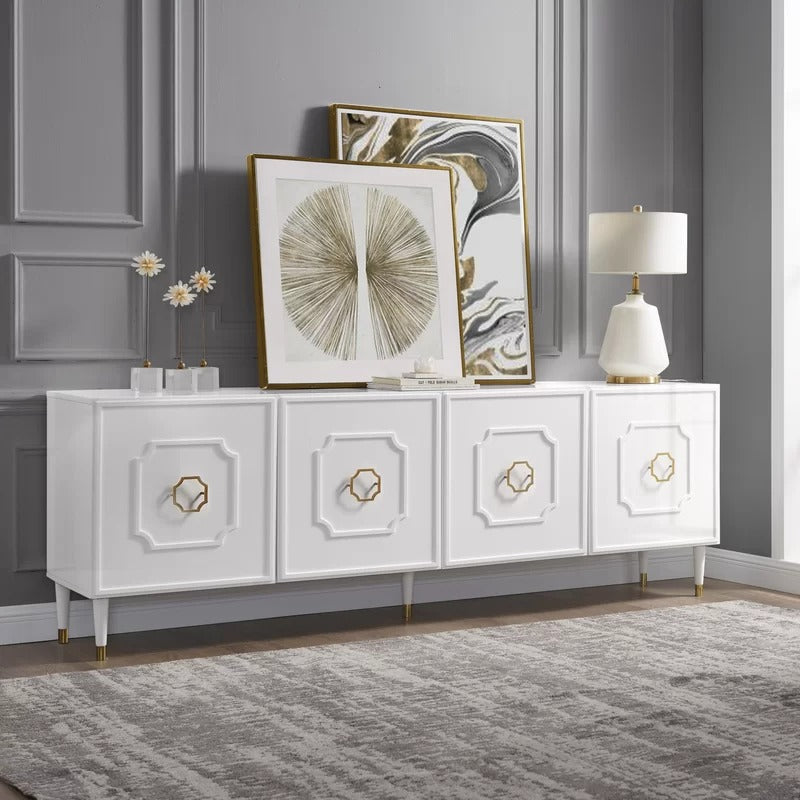 Modern white sideboard with clean-lined design, melded motif on the doors, 