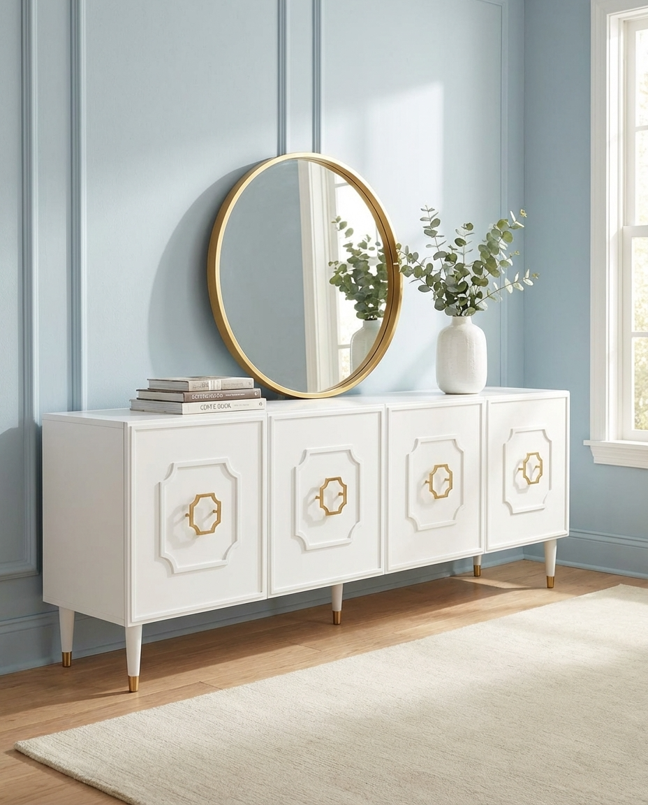 White sideboard with gold accents against a light blue wall