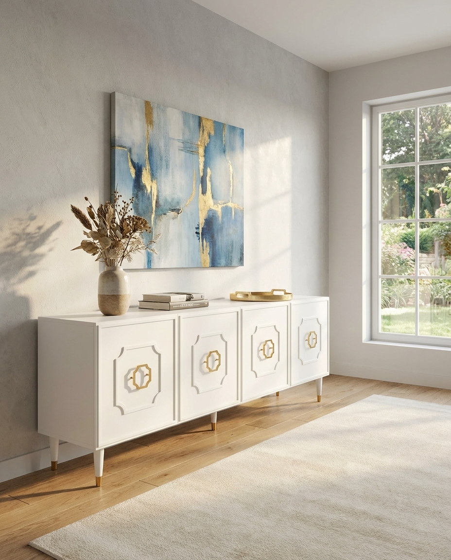 Premium White sideboard with gold accents in a room with abstract art and a window.