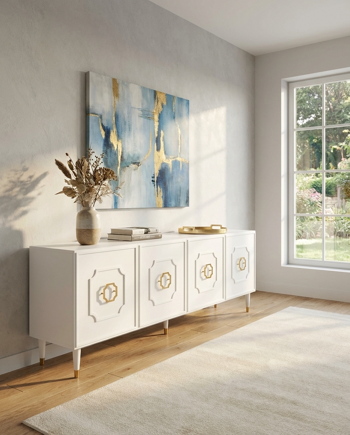 Premium White sideboard with gold accents in a room with abstract art and a window.