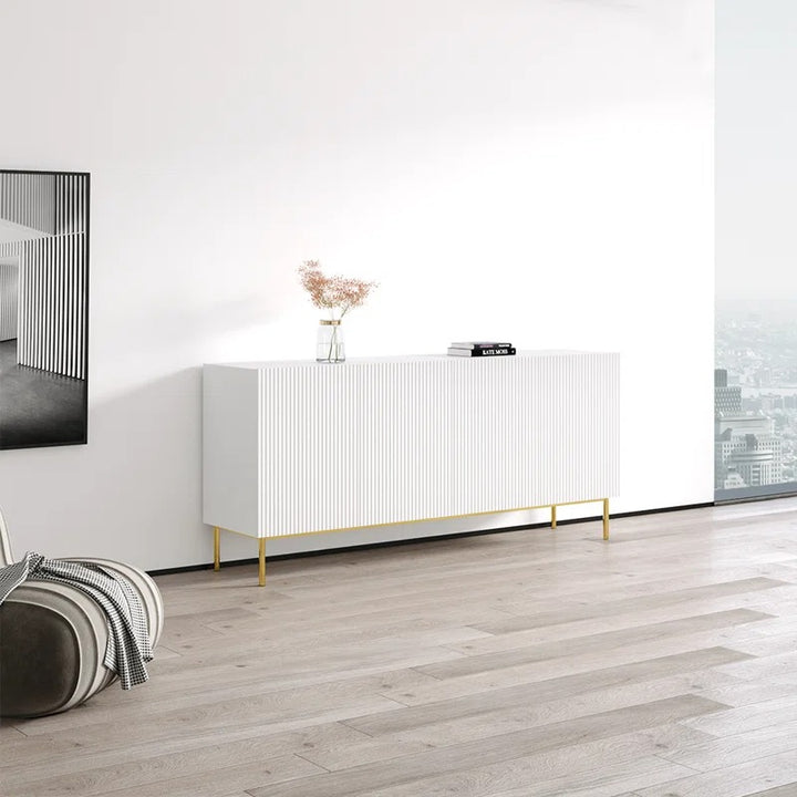 Modern white sideboard with stylish vertical line design with gold accent