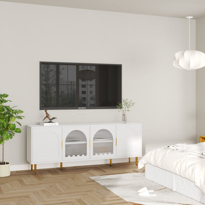 A white TV unit placing in a bedroom