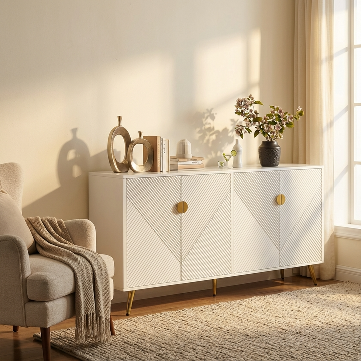 White sideboard with decorative items in a living room setting