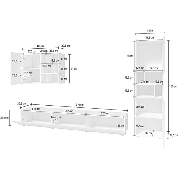 modern white TV unit set design with dimension