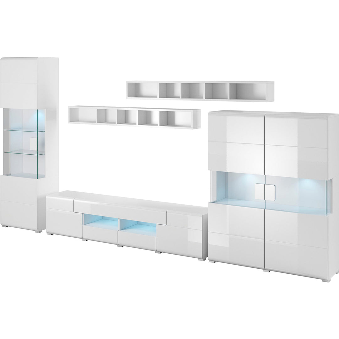 White modern tv unit set with glass panels on a white background