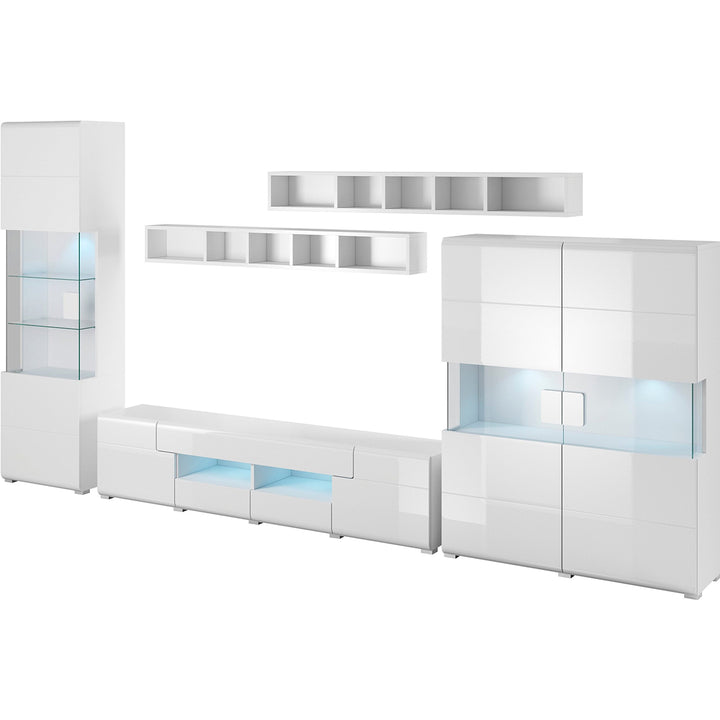 White modern tv unit set with glass panels on a white background