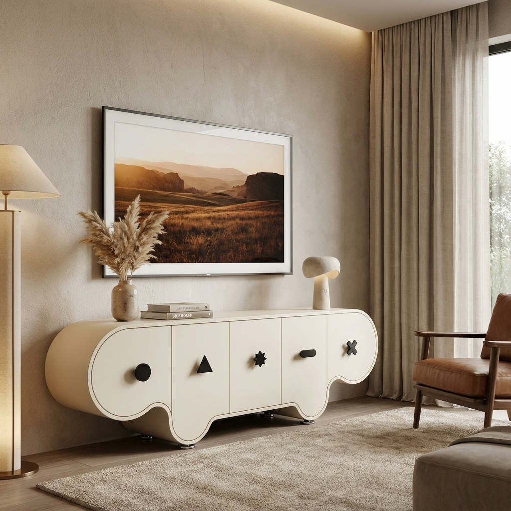 Modern living room with a white console table, lamp, and artwork on a beige wall.