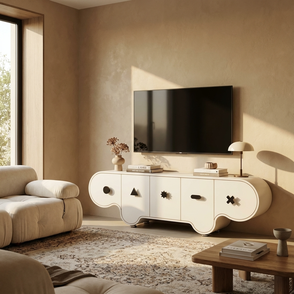 Modern living room with a white TV stand, beige sofa, and a television.