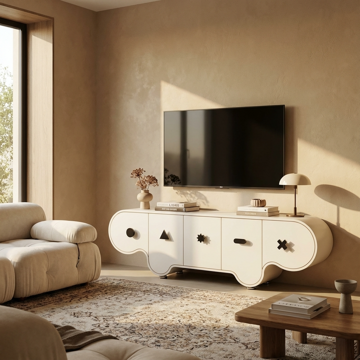 Modern living room with a white TV stand, beige sofa, and a television.