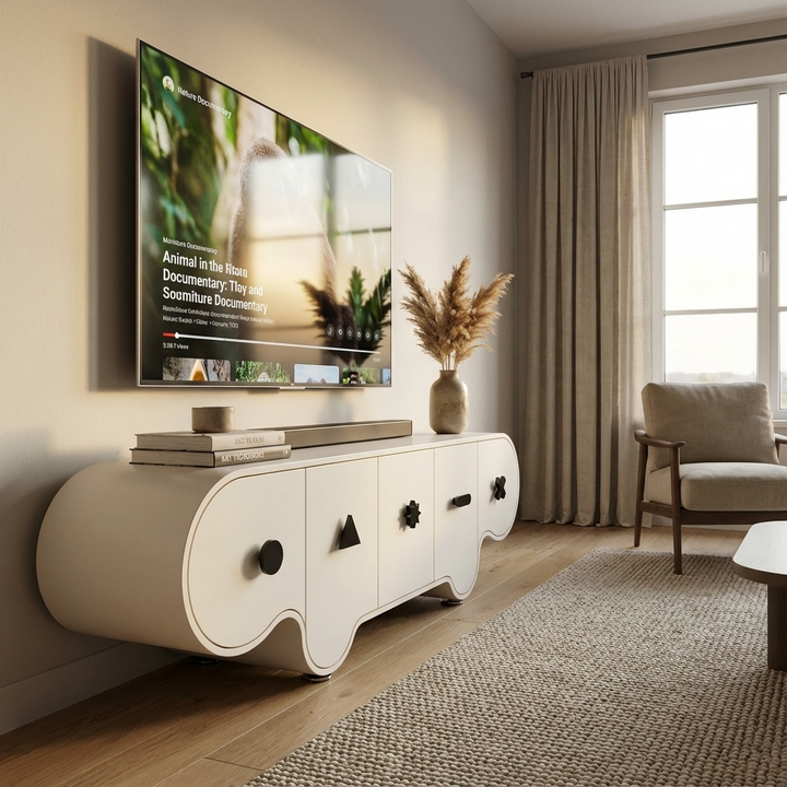 Modern living room with a white TV stand, TV, and decor.