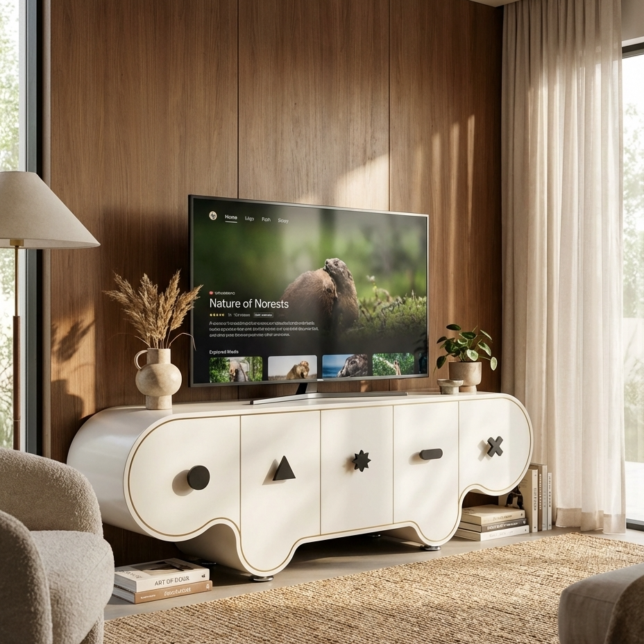 Modern living room with a white tv unit and a television displaying nature content.