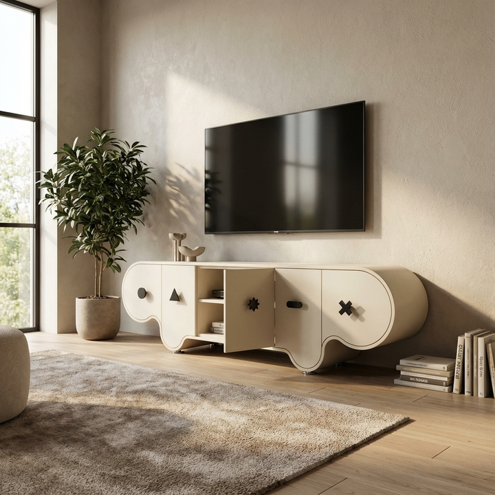 Modern living room with a stylish TV stand, television, and decorative elements.