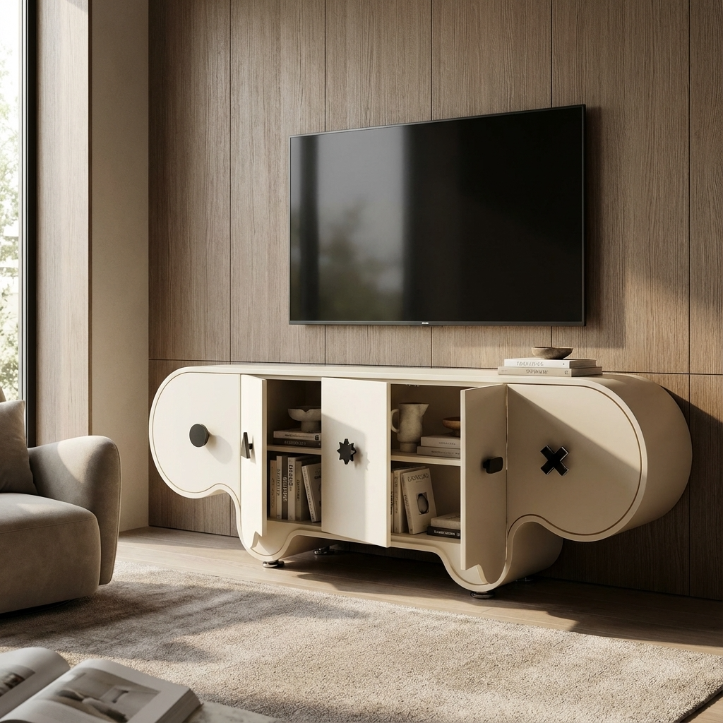 modern beige entertainment console with a TV above it in a modern living room.