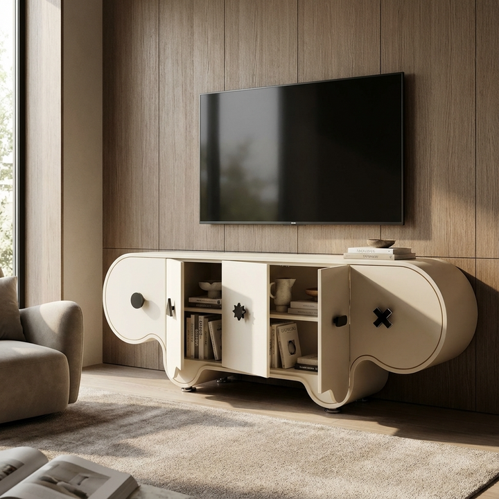 modern beige entertainment console with a TV above it in a modern living room.