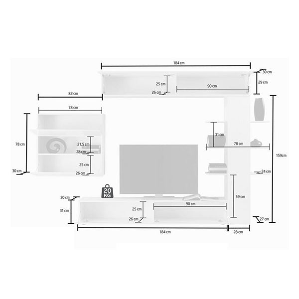 dimension of white tv unit set on a white background