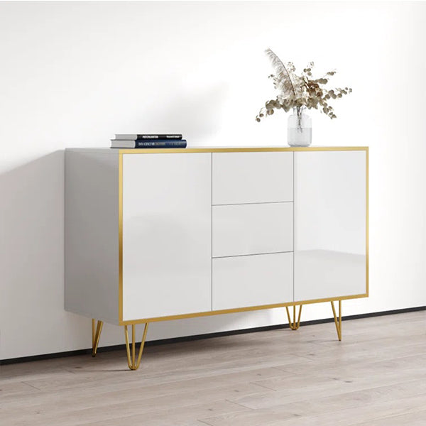 Luxury white sideboard cabinet with gold accent and gold metal legs