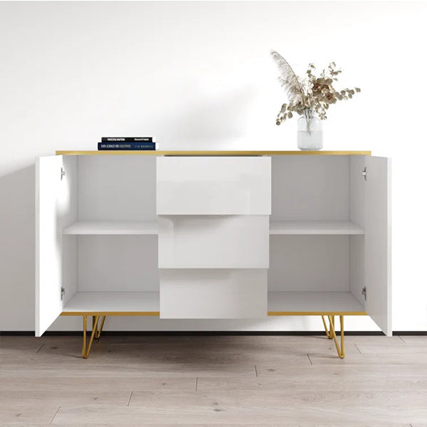 white sideboard with 2 doors and 3 drawers, ample storage for shoes, tableware, files, accessories, or everyday essentials
