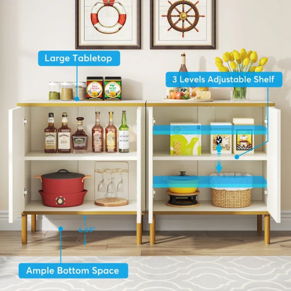 white sideboard features 3-level adjustable shelf, large tabletop, ample bottom space