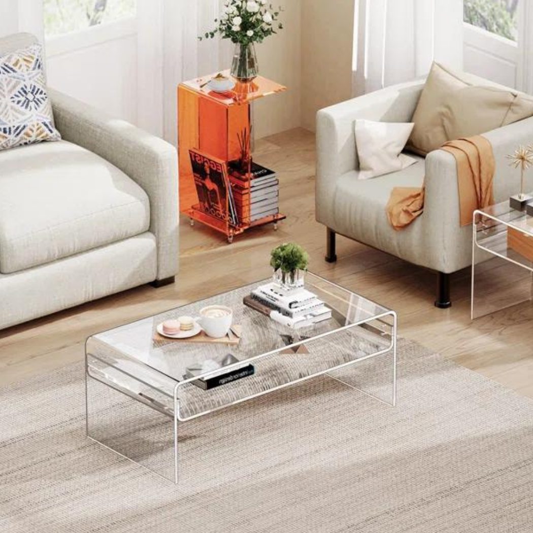 Modern clear coffee table with waterfall edge