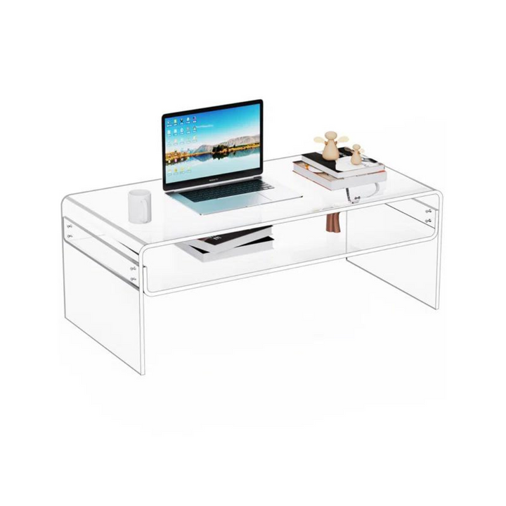clear acrylic coffee table with laptop and mug on top
