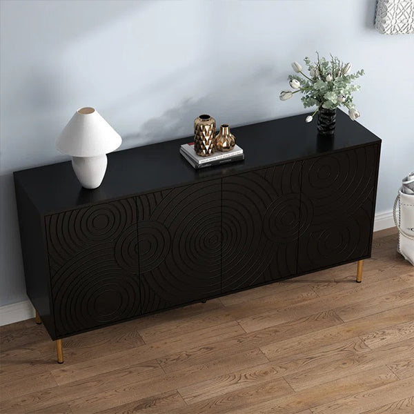 black sideboard with 4 geometric design shutter and golden legs